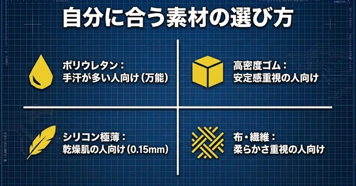 自分に合う素材の選び方。ポリウレタン、高密度ゴム、シリコン極薄、布・繊維のメリット