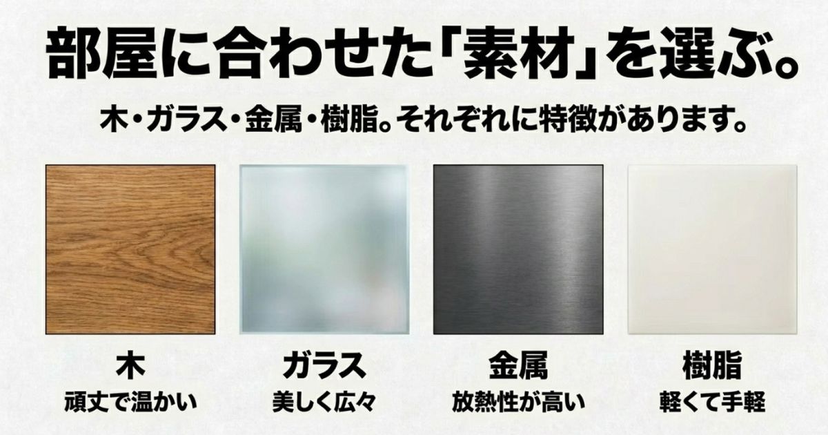 木、ガラス、金属、樹脂など、部屋に合わせたモニター台の素材の特徴を示すスライド