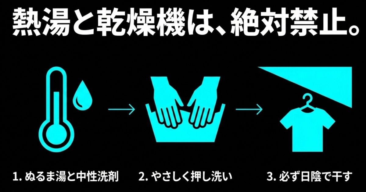 熱湯と乾燥機は絶対禁止。ぬるま湯と中性洗剤でやさしく押し洗いし、必ず日陰で干すという正しい手入れ手順。