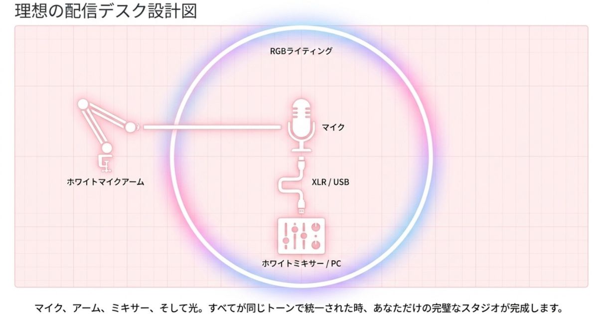 理想の配信デスク設計図マイク、ホワイトマイクアーム、ホワイトミキサー、RGBライティングを同色で統一した理想のデスク設計図