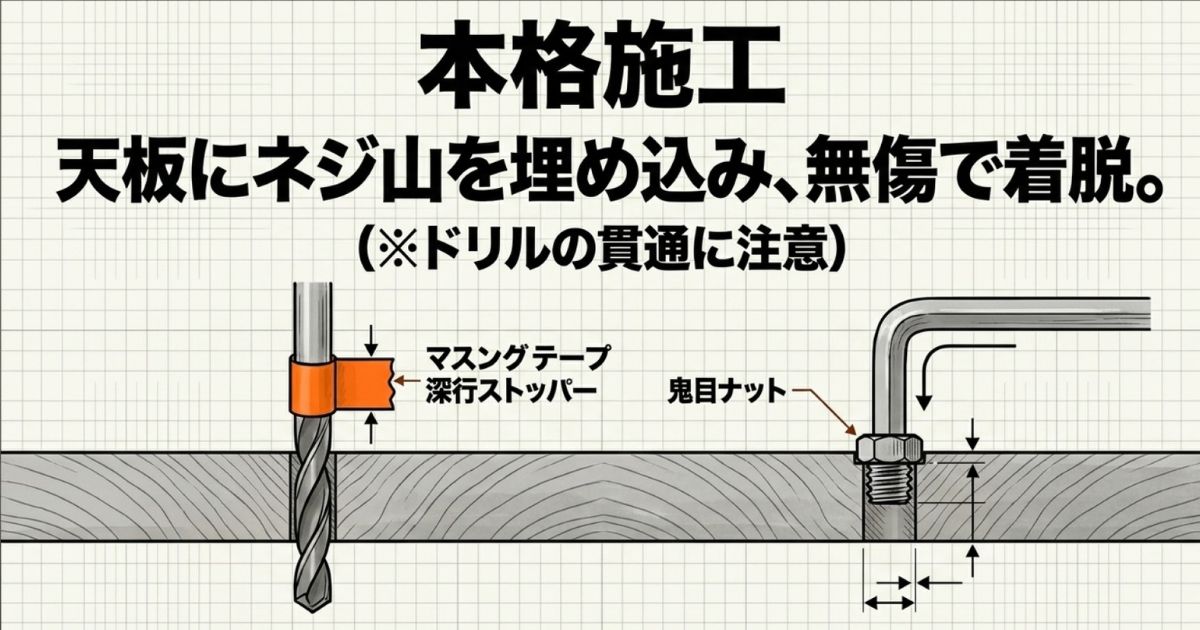 ドリルの貫通を防ぐマスキングテープを使った深さストッパーと、天板へ鬼目ナットを埋め込む手順の断面図