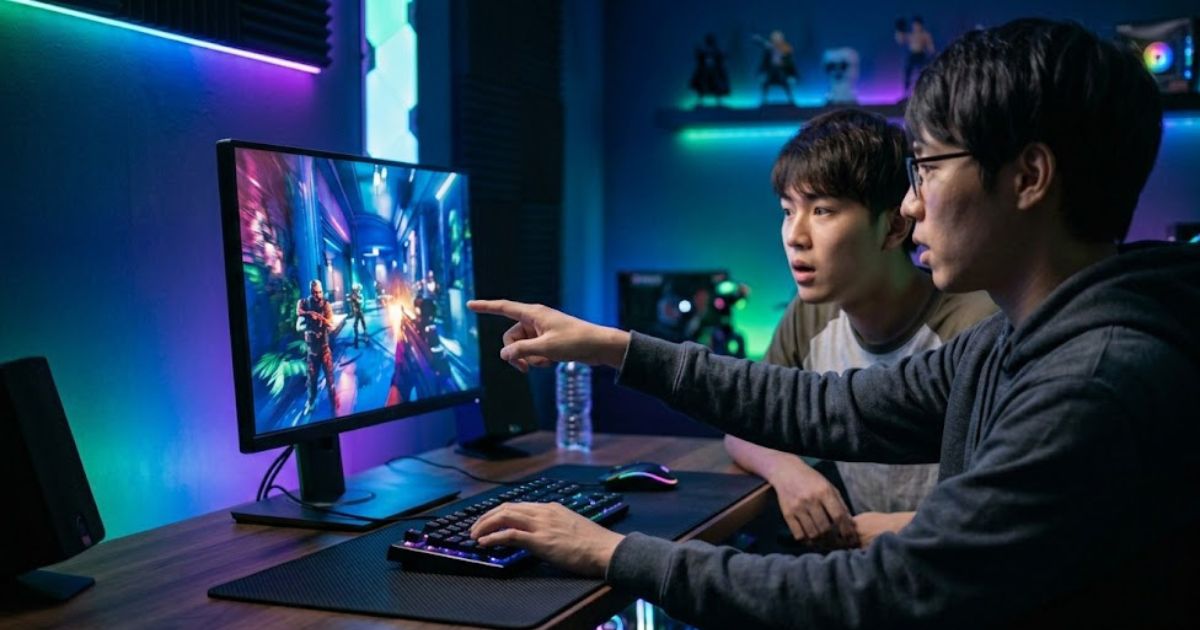 広視野角なIPSパネル搭載の24インチゲーミングモニターで、鮮やかなゲームの映像美を斜めから楽しむ日本人ゲーマー