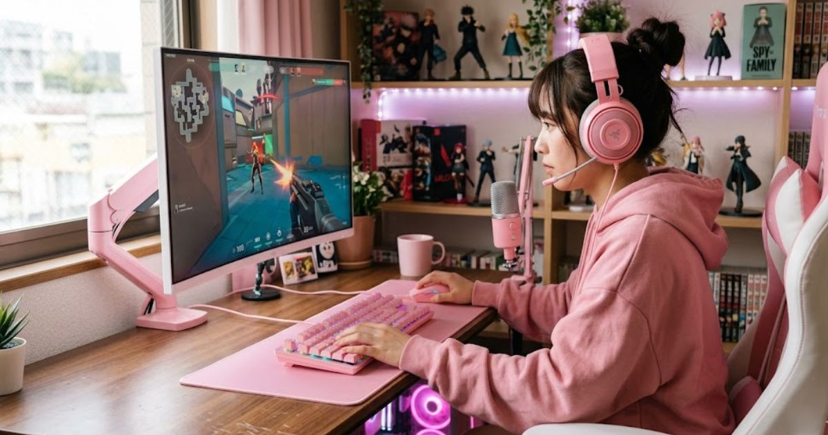 ピンクで統一されたデスク環境で、曲面モニターに向かいFPSゲームをプレイしている日本人女性