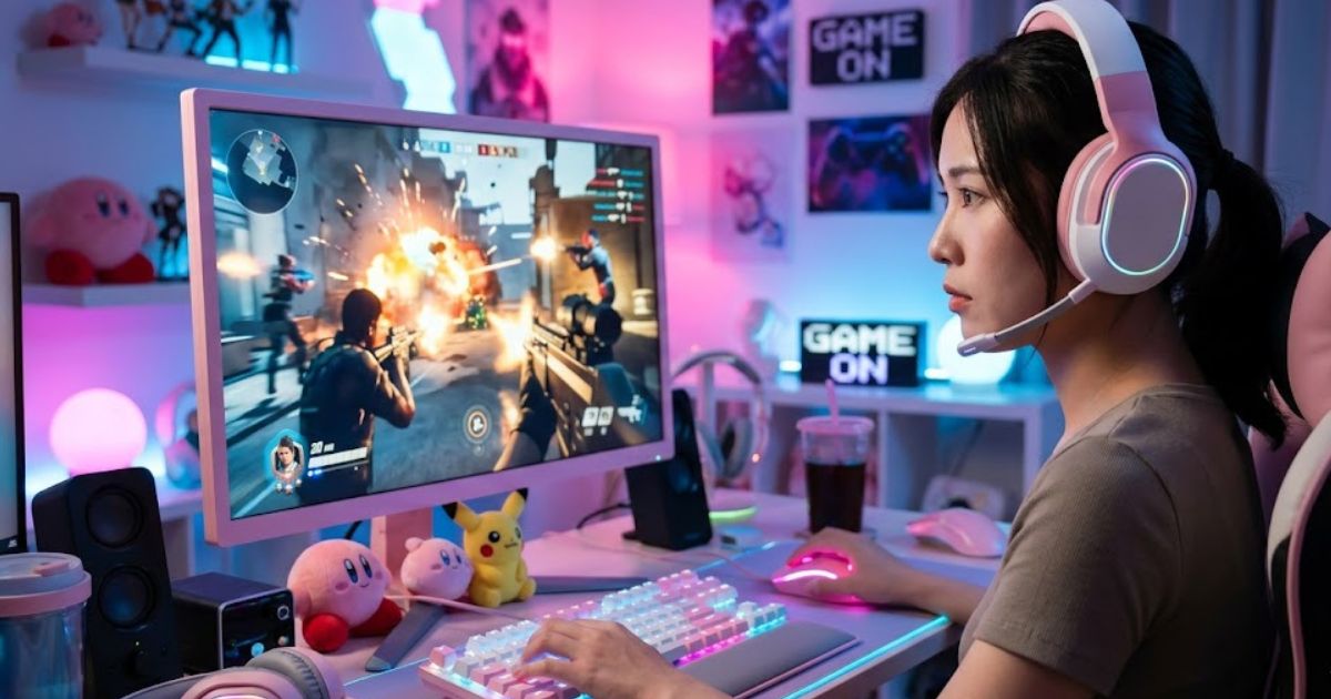 パステルピンクの高性能モニターでFPSゲームをプレイする日本人女性ゲーマー
