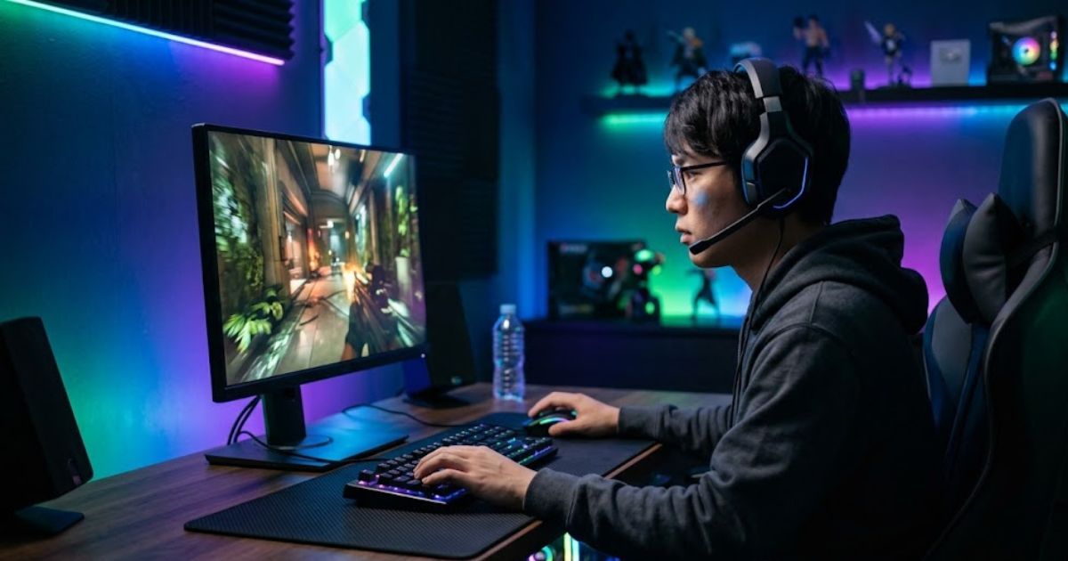 24インチゲーミングモニターでFPSゲームを快適にプレイし、エイムに集中する日本人男性