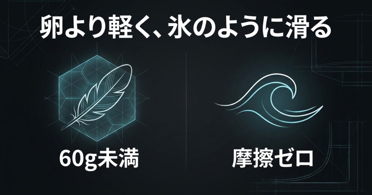 羽根と波のアイコンと「卵より軽く、氷のように滑る 60g未満 摩擦ゼロ」というテキスト