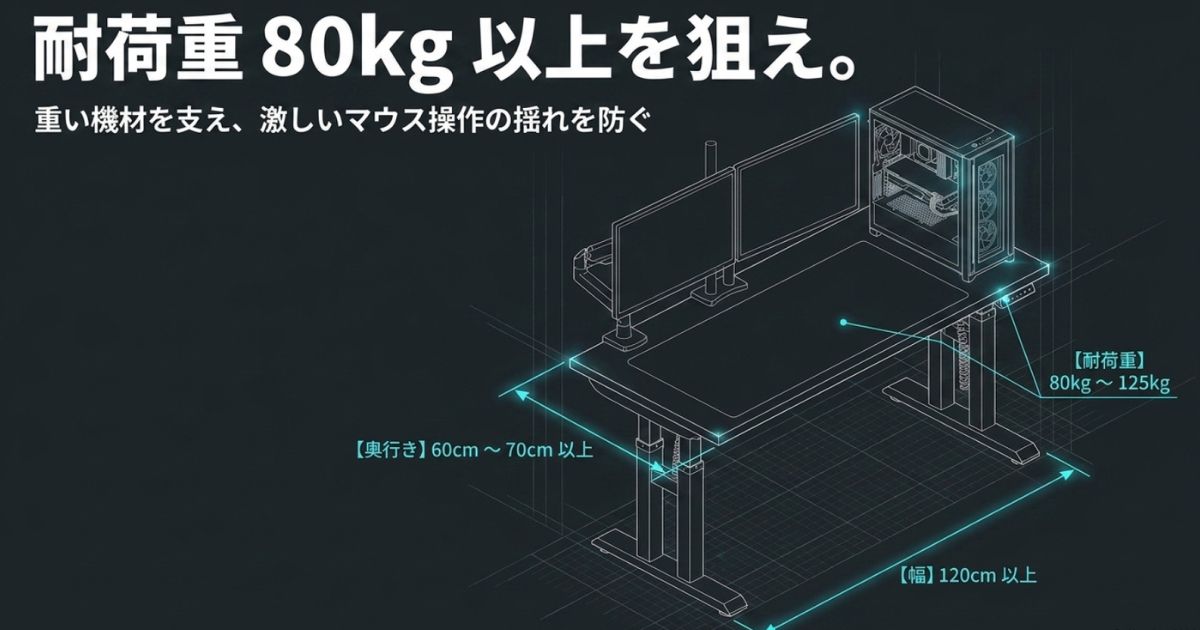重い機材を支え揺れを防ぐ耐荷重80kg以上の昇降デスク