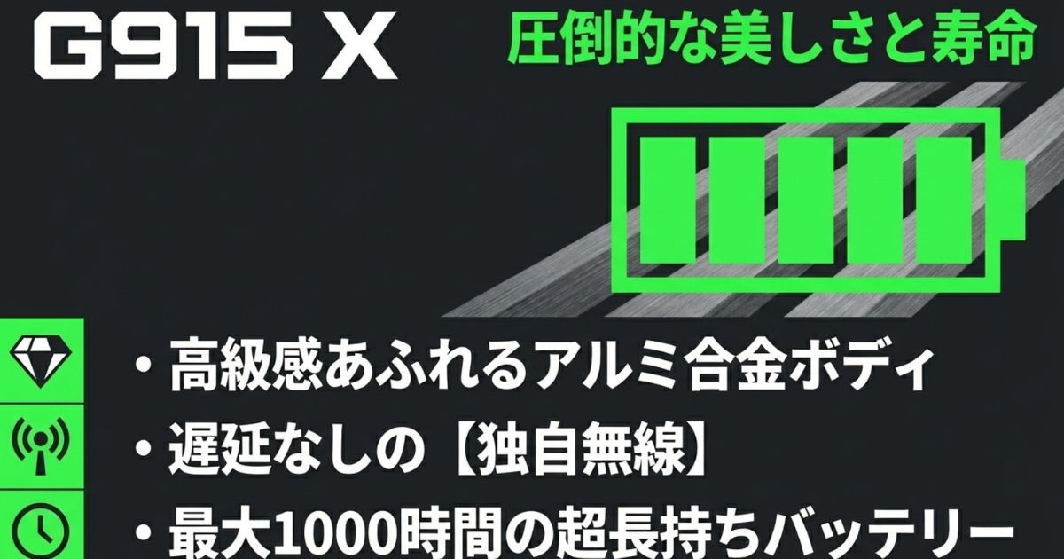 アルミ合金ボディと長寿命バッテリーを搭載したワイヤレス上位機種G915 X