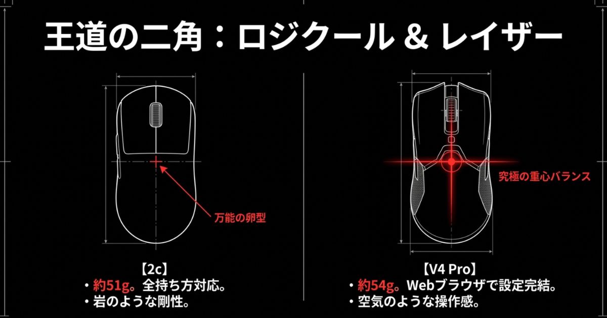 王道の二角、ロジクールとレイザー。2cは約51gで全持ち方対応の万能の卵型。V4 Proは約54gで究極の重心バランス。