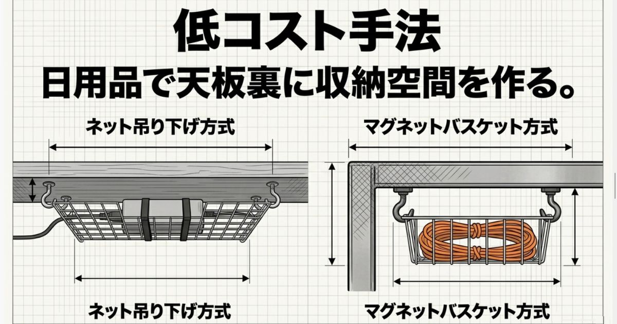 ワイヤーネットの吊り下げやマグネットバスケットなど、日用品を使って天板裏に収納を作る低コストな配線術