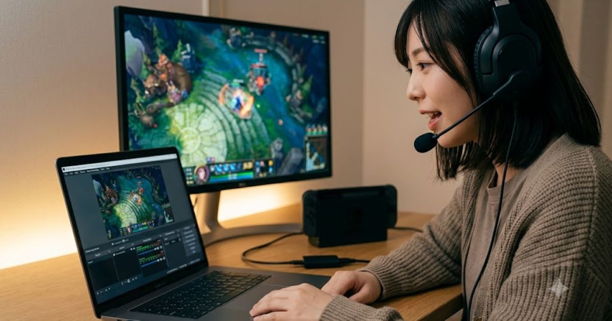 マイクに向かって喋る日本人女性配信者と、OBS画面に映る滑らかなゲーム映像と音声波形。
