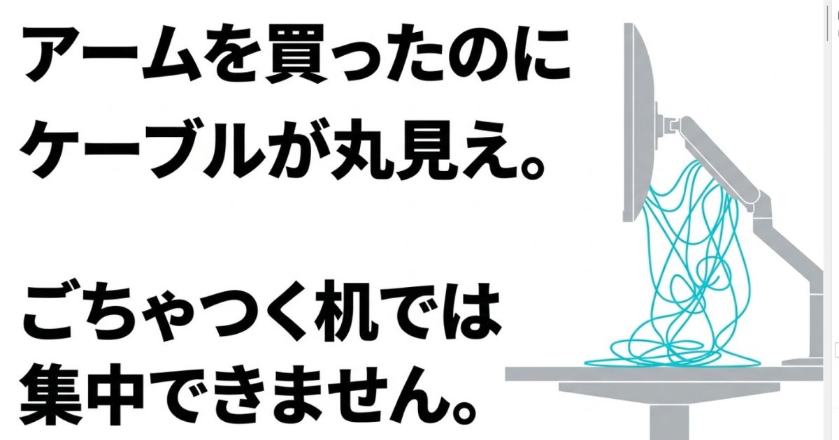 モニターアームを導入してもケーブルが丸見えで、ごちゃつく机では作業やゲームに集中できないという悩みを表したスライド