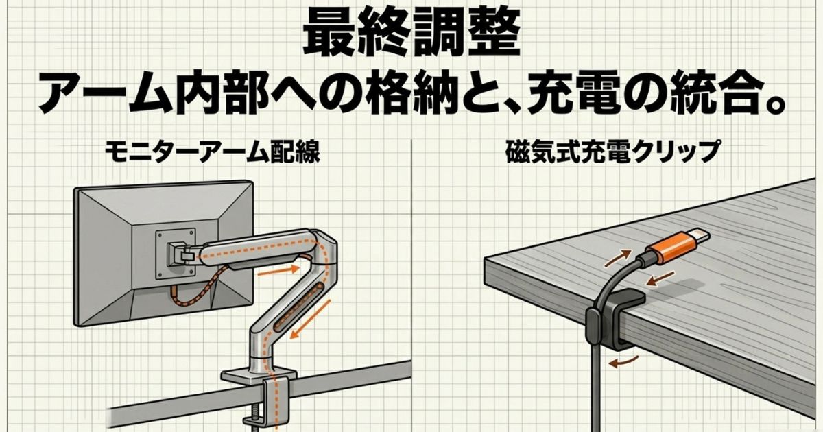 モニターアーム内部へのケーブル格納ルートと、デスク天板に固定して使う磁気式充電クリップの仕組み