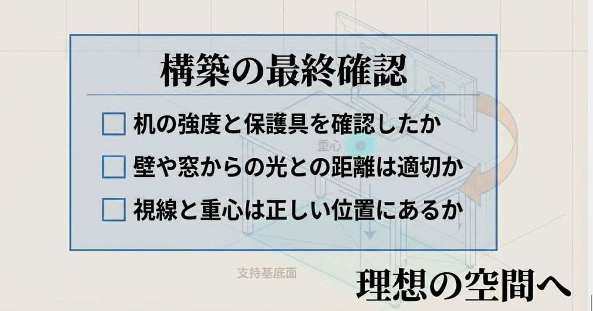 構築の最終確認。机の強度と保護具、光との距離、視線と重心が正しい位置にあるかを確認し、理想の空間へ