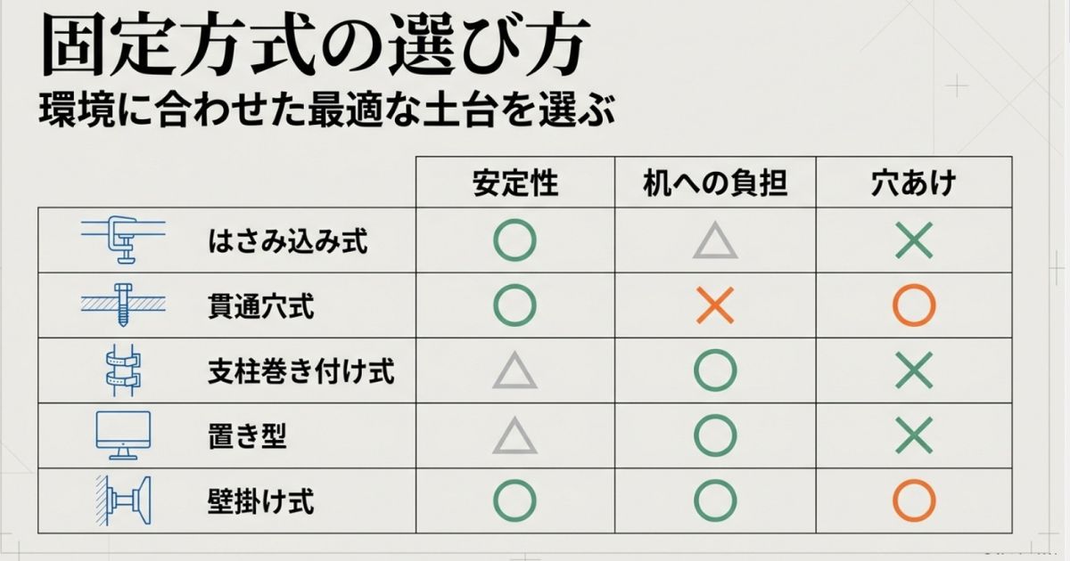 固定方式の選び方。はさみ込み式、貫通穴式、支柱巻き付け式、置き型、壁掛け式の安定性や机への負担、穴あけの有無などを比較