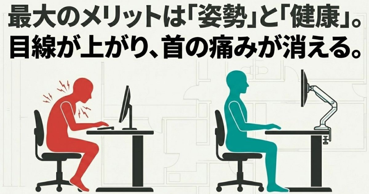 モニターアーム最大のメリットは姿勢と健康であり、目線が上がり首の痛みが消えるという、空間構築と健康への投資であることを伝えています 。