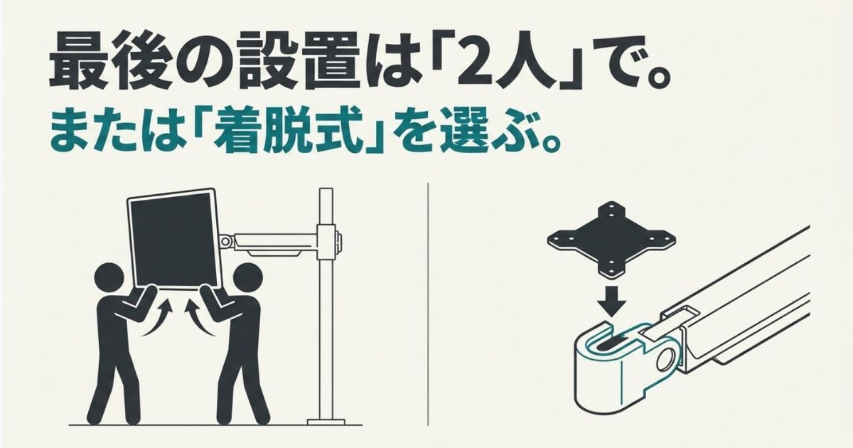 最後の設置は2人で行うか、着脱式を選ぶことを推奨するイラストです 。