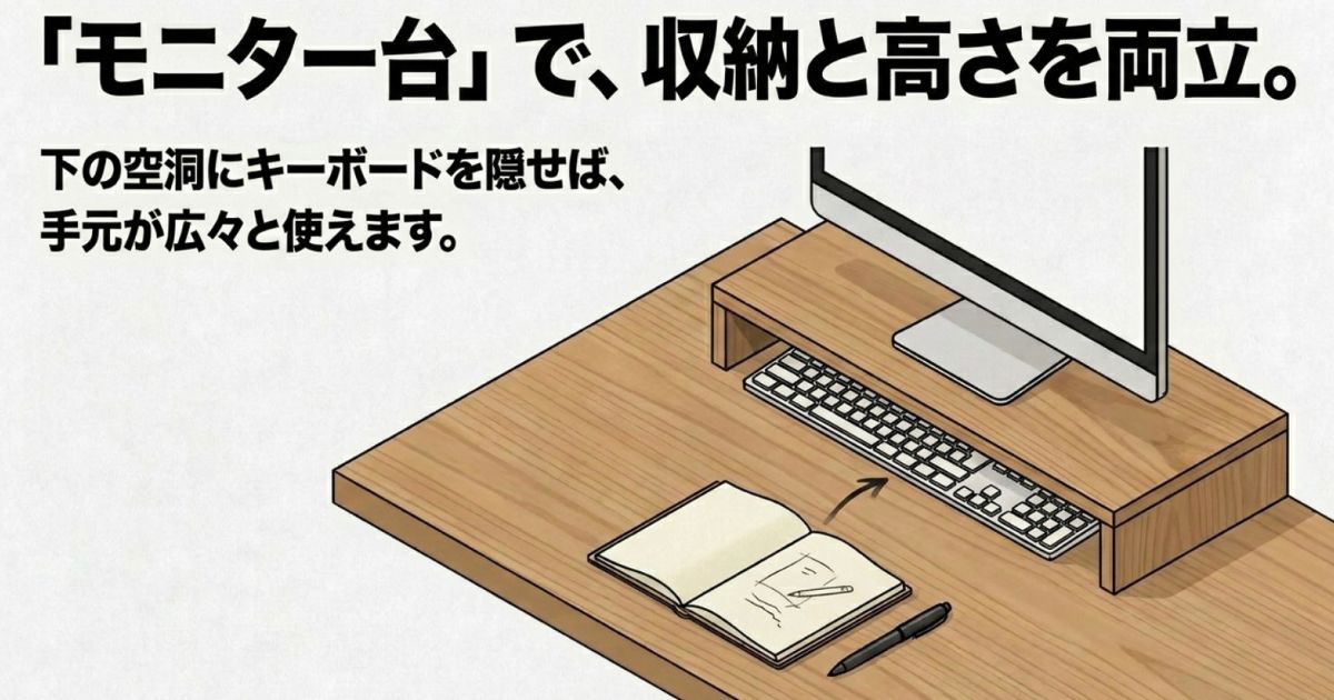 モニター台の下にキーボードを収納し、手元のスペースを広く使っているデスクのイラスト