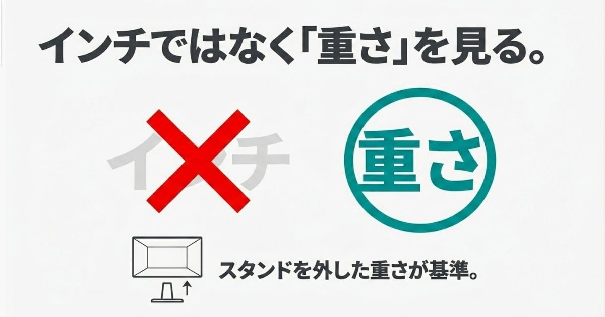 モニターアーム選びではインチ数ではなく重さを見ることが重要であり、スタンドを外した重さが基準になることを説明した図です 。