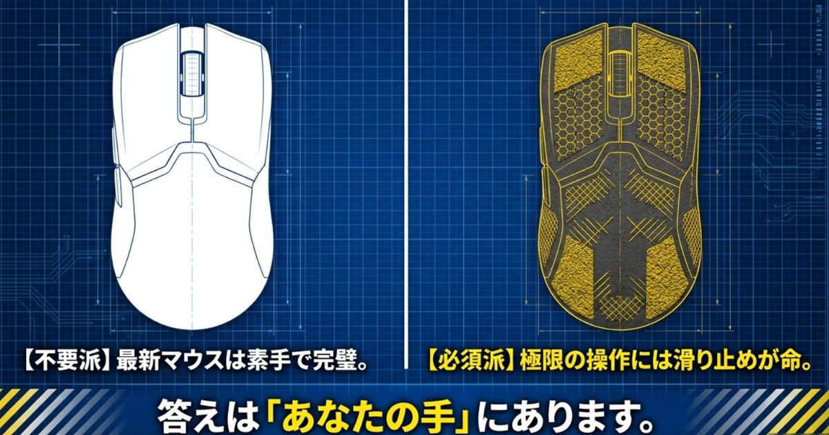 不要派は最新マウスは素手で完璧、必須派は極限の操作には滑り止めが命。答えはあなたの手にあります。