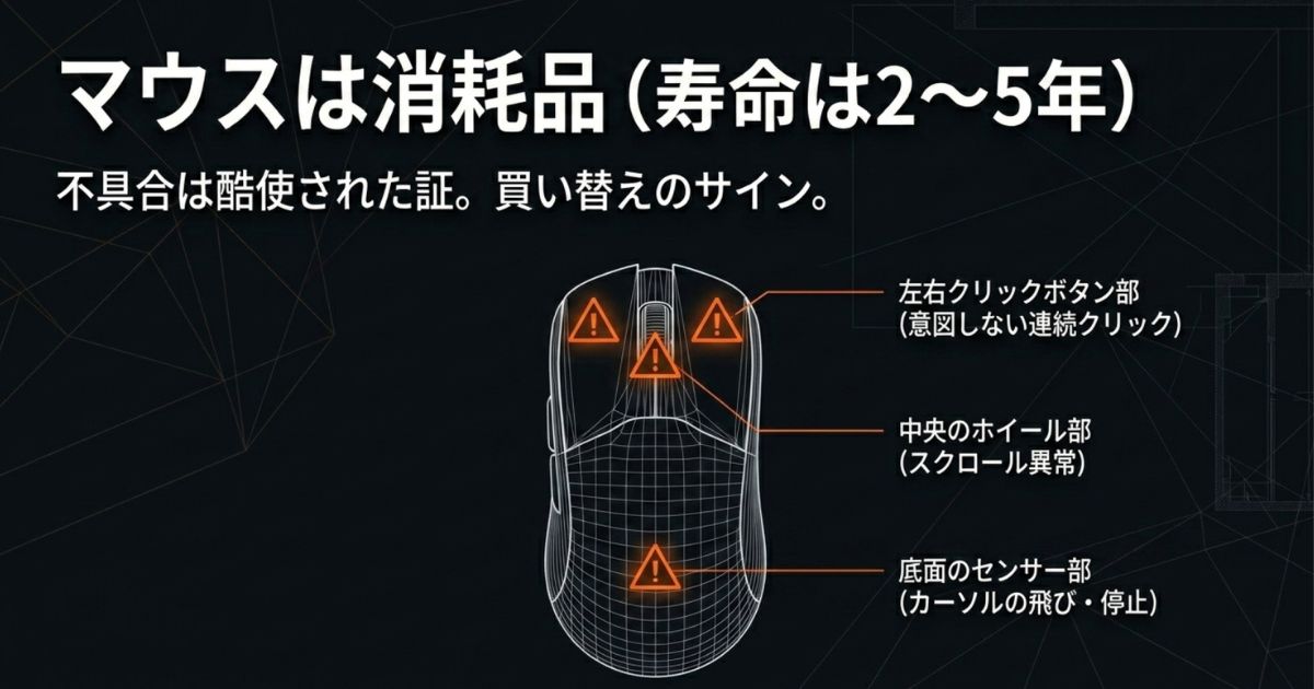 クリック部、ホイール、センサーに警告マークがついたマウスのイラストと不具合の説明