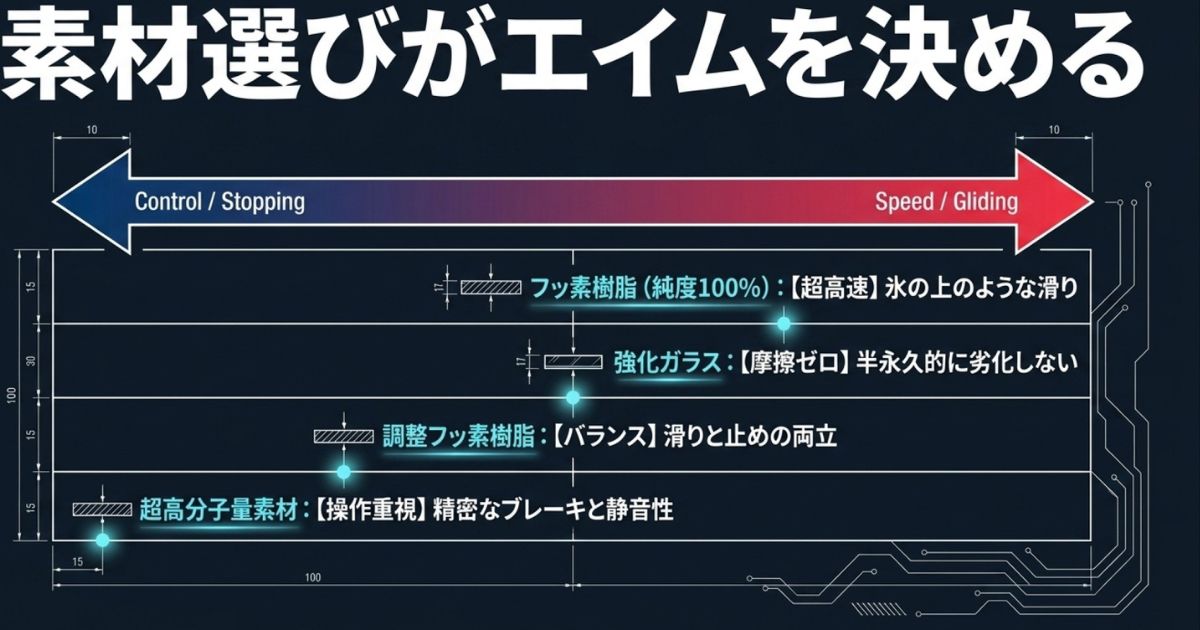 フッ素樹脂や強化ガラスなど、マウスソール素材ごとの滑りと止めの性能比較チャート