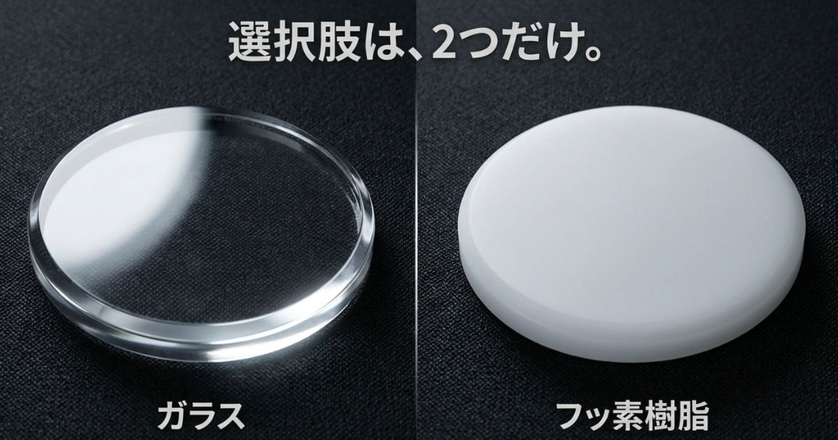 ゲーミングマウスソールの材質選びにおいて主要な2つの選択肢であるガラス素材とフッ素樹脂(PTFE)を示すスライド 。