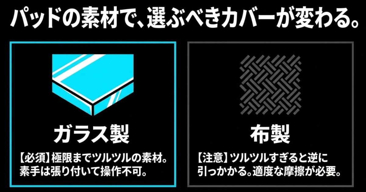 パッドの素材で選ぶべきカバーが変わる。ガラス製には極限までツルツルの素材が必須で、布製はツルツルすぎると引っかかるという注意点。