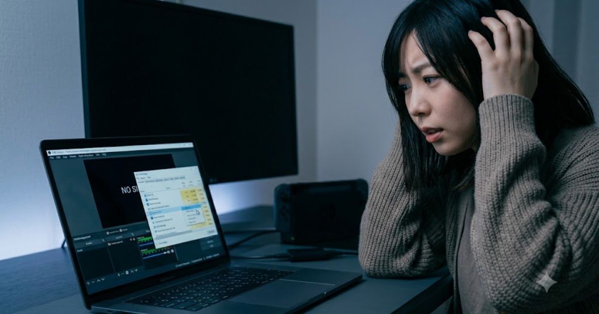 トラブルシューティング中に困惑した表情でノートパソコンのタスクマネージャーを操作する日本人女性配信者。