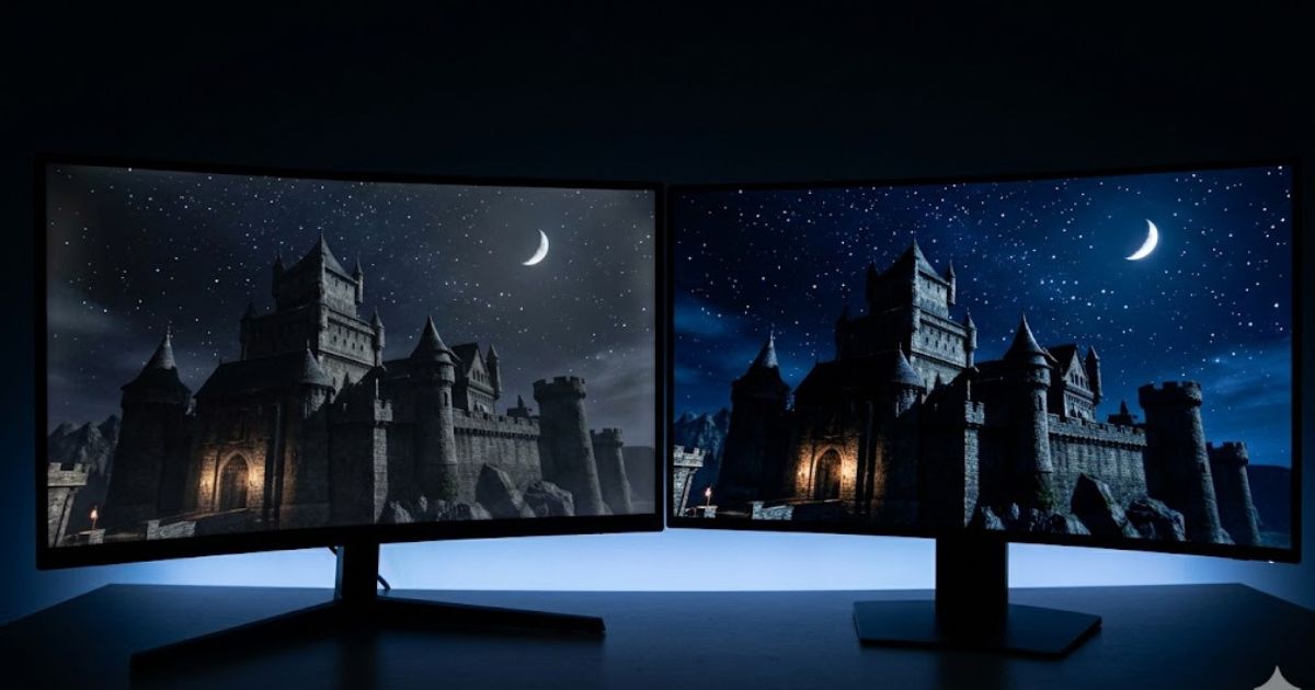 液晶モニターとOLEDモニターの黒色の表現の違いを示す比較画像。OLEDの方が「真の黒」を実現し、高コントラストである。