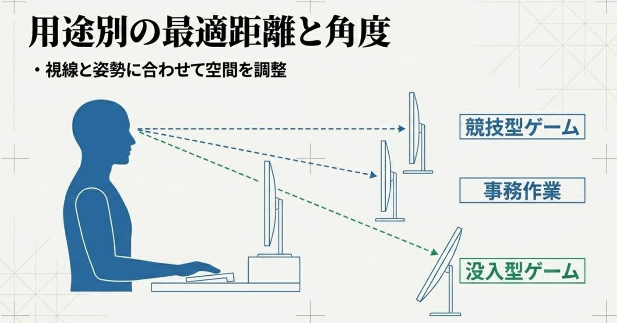 用途別の最適距離と角度。競技型ゲーム、事務作業、没入型ゲームなど、視線と姿勢に合わせて空間を調整する