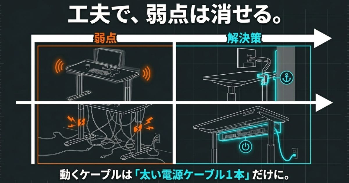 昇降デスクの弱点を消す配線整理や揺れ対策の解決策