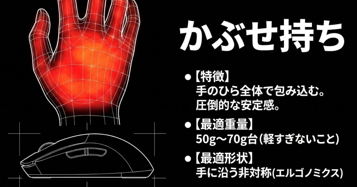 かぶせ持ちの特徴。手のひら全体で包み込み圧倒的な安定感。最適重量は50gから70g台、手に沿う非対称形状がおすすめ。