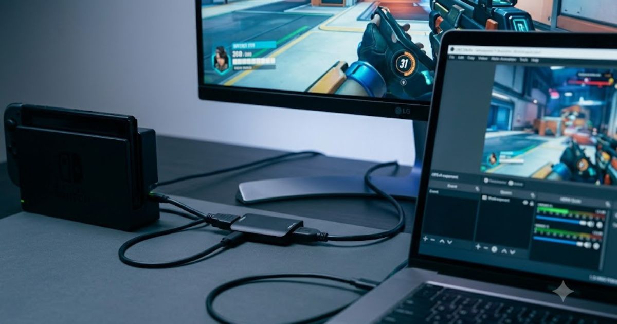 ゲーム機、キャプチャーボード、そして2台のモニター（PCとゲーミングモニター）を繋ぐHDMIとUSBケーブルの配線図。