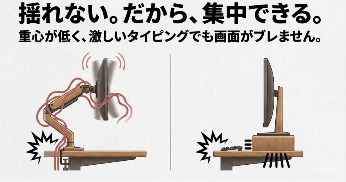 モニターアームの揺れと、モニター台の安定感を比較したイラスト