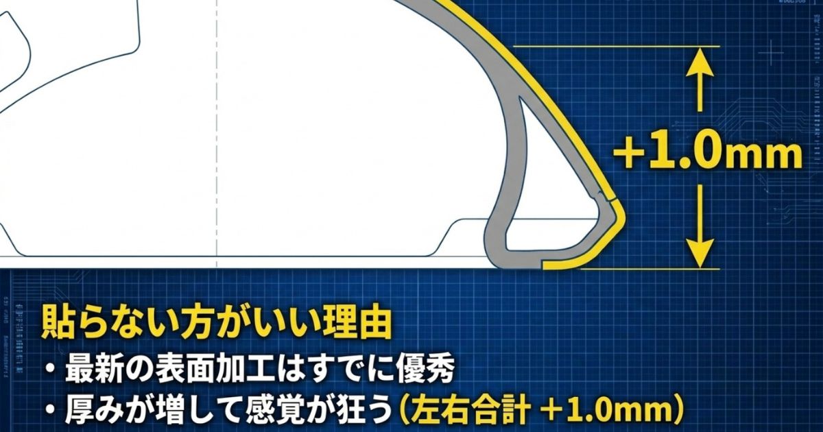 貼らない方がいい理由。最新の表面加工はすでに優秀、厚みが増して感覚が狂う（左右合計+1.0mm）