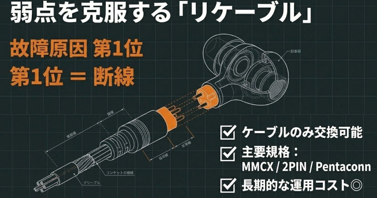 断線してもケーブルのみを交換できるリケーブル機構の図解