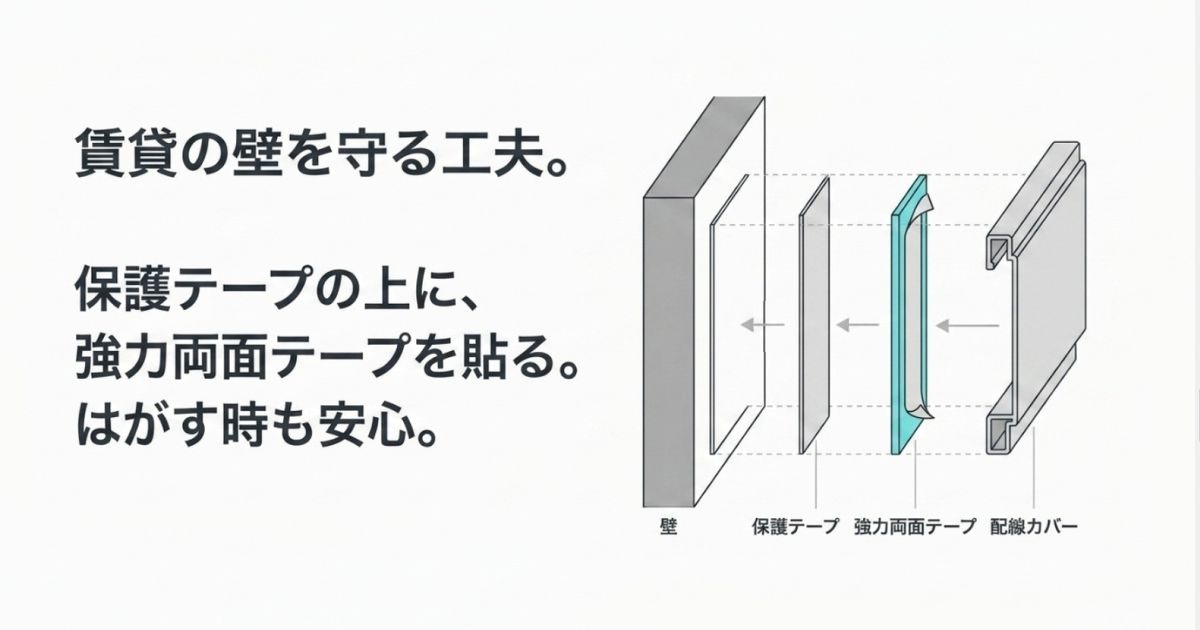 賃貸物件で壁を守るために、壁側に保護テープを貼り、その上に強力両面テープと配線カバーを取り付けるDIYテクニックのスライド