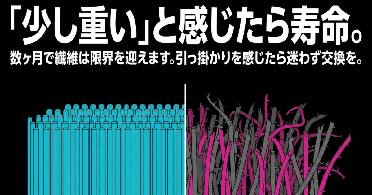 少し重いと感じたら寿命。数ヶ月で繊維は限界を迎えるため、引っ掛かりを感じたら迷わず交換するというサイン。