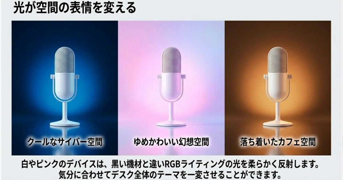 光が変える空間の表情クールなサイバー空間からゆめかわいい空間まで、光の反射でデスク全体のテーマを変えるイメージ画像