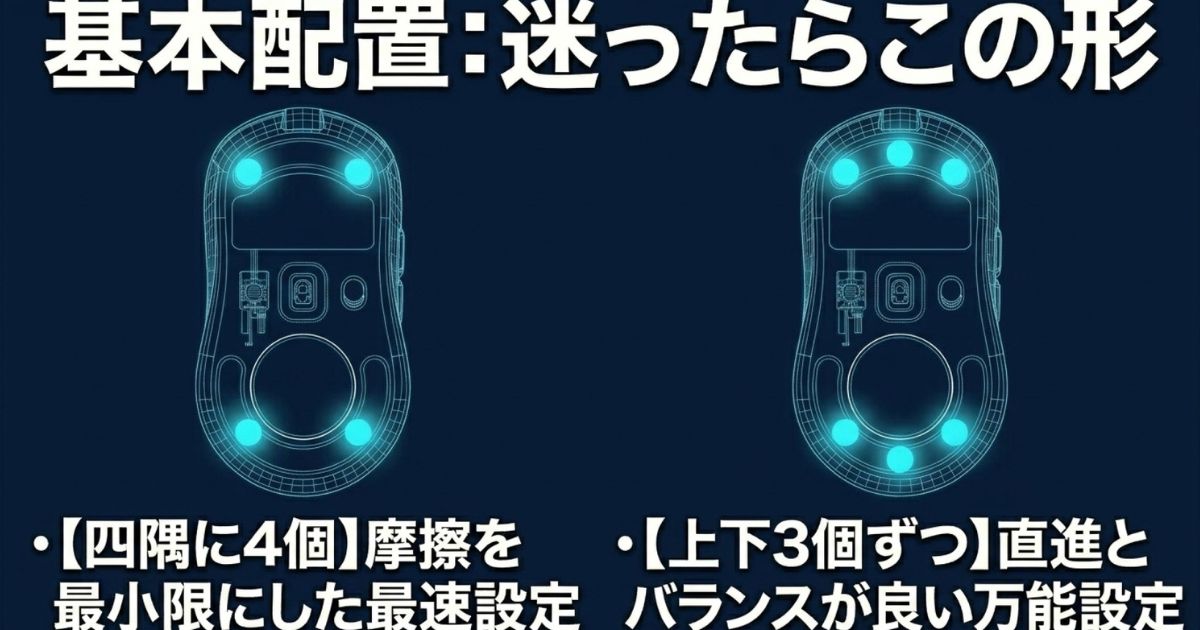 直進性とバランスに優れた汎用丸型ソールの基本配置（四隅4個・上下計6個）