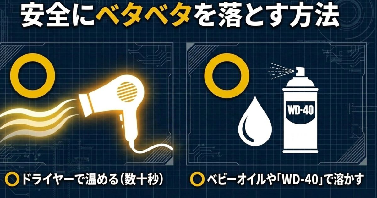 安全にベタベタを落とす方法。ドライヤーで数十秒温める、ベビーオイルやWD-40で溶かす
