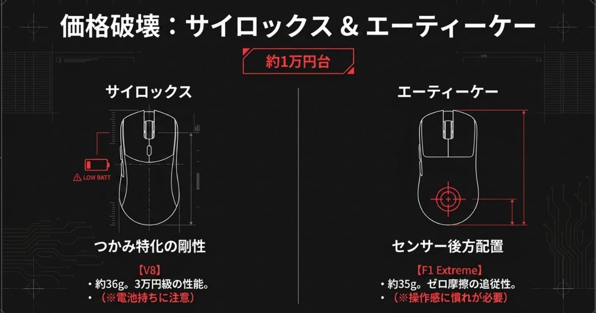 価格破壊のサイロックスとエーティーケー。V8は約36gでつかみ特化の剛性だが電池持ちに注意。F1 Extremeは約35gでゼロ摩擦の追従性とセンサー後方配置が特徴。