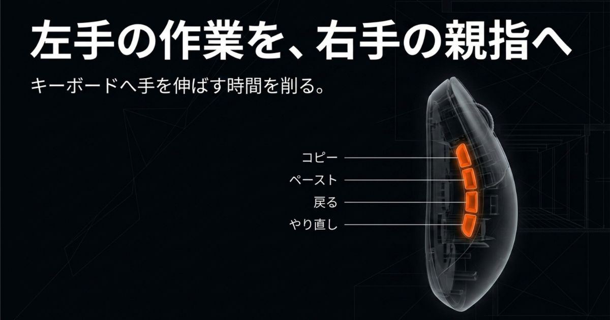 マウスのサイドボタンを親指で操作するイラストと「キーボードへ手を伸ばす時間を削る」というテキスト