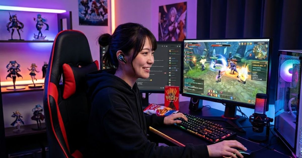 LEDライトとフィギュアで飾られた部屋で、笑顔のアジア人女性がゲーミングチェアに座り、PCゲームをプレイしている。メカニカルキーボードとゲーミングマウスを使い、ワイヤレスイヤホンを装着している。