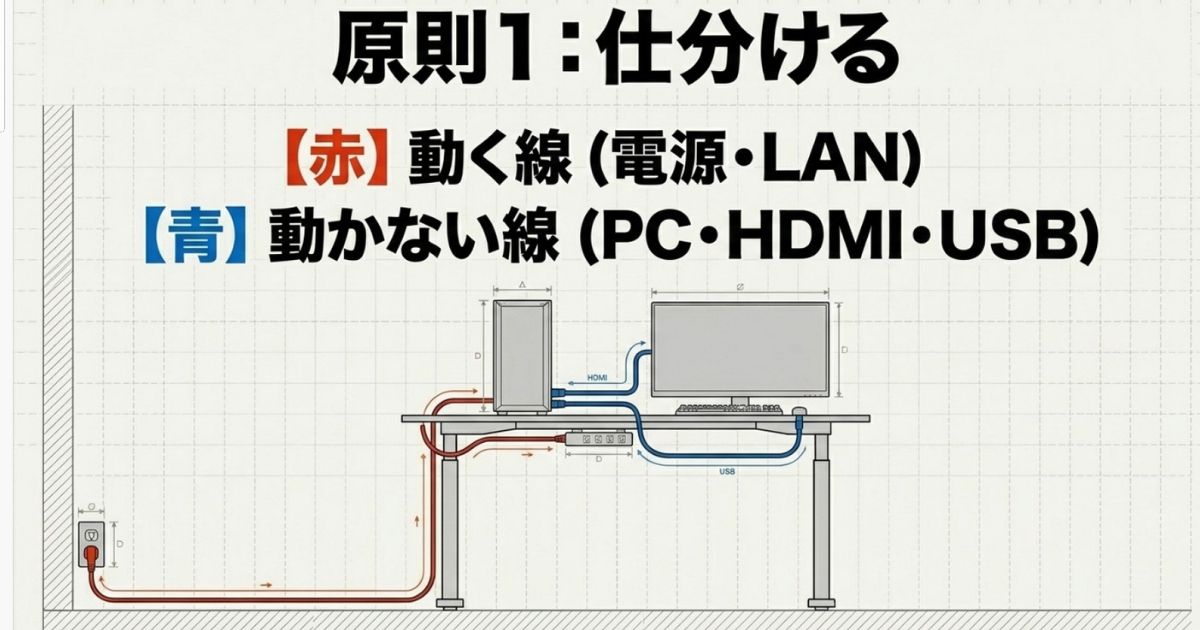 パソコン本体とモニターを繋ぐ動かない青い線と、壁のコンセントから伸びる動く赤い線の分類図