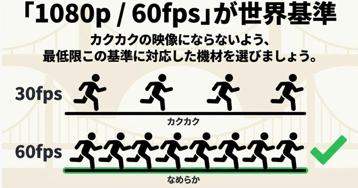 カクカクの30fpsを避け、なめらかな60fpsに対応した基準を満たす機材を選ぶべきという図解
