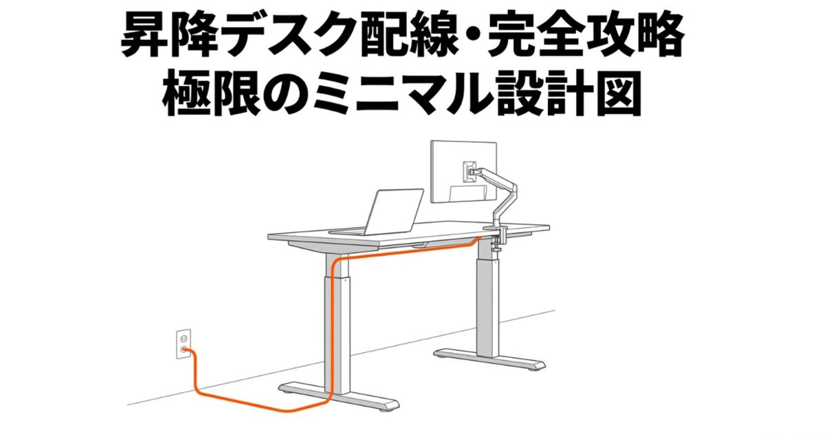 昇降デスクの配線を極限まで隠した、白基調のミニマルなゲーミングデスク設計図