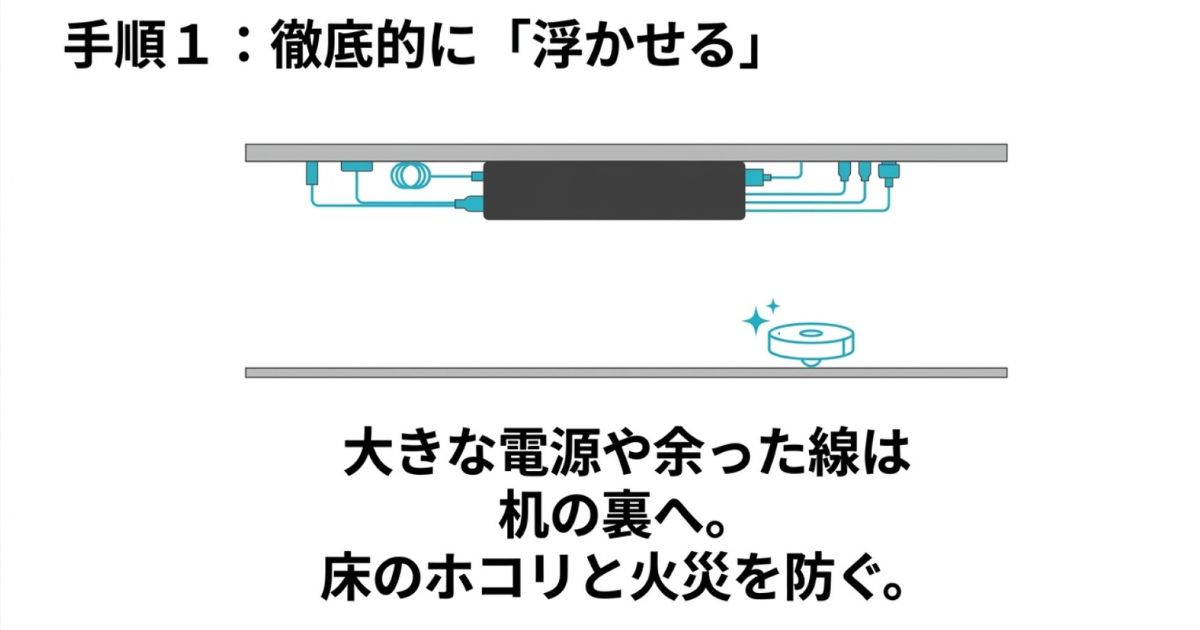 大きな電源タップや余った配線を机の裏へ隠し、床のホコリと火災リスクを防ぐ手順を解説したスライド