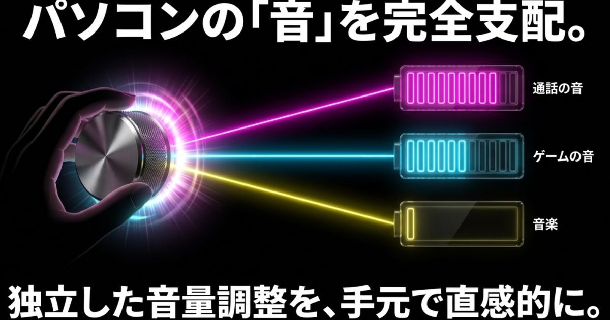 通話の音、ゲームの音、音楽など、パソコン内の独立した音量調整を手元のデバイスで直感的に行うイメージ。
